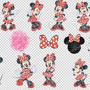 May include: Thirteen digital illustrations of Minnie Mouse in various poses. She is wearing a red dress with white polka dots and a red bow. The illustrations are in a watercolor style.