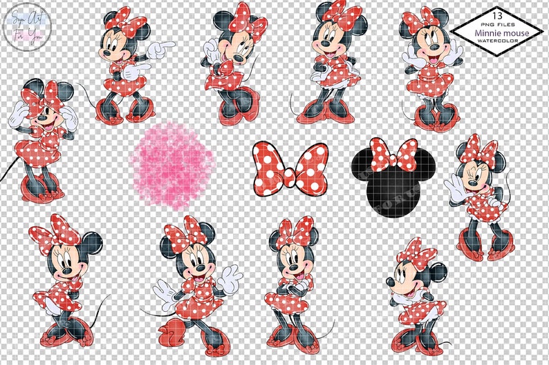 May include: Thirteen digital illustrations of Minnie Mouse in various poses. She is wearing a red dress with white polka dots and a red bow. The illustrations are in a watercolor style.