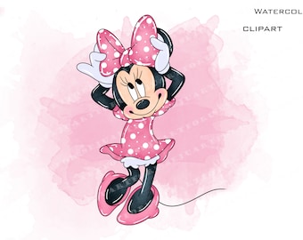 Minnie Mouse Watercolor Clipart, Pink Cartoon Character (PNG)