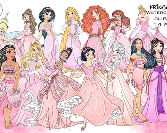Set di clipart di principesse ad acquerello, personaggi carini (PNG)