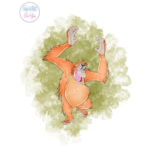 May include: A cartoon orangutan with orange fur, blue eyes, and a wide open mouth, is standing on a green watercolor background. The orangutan is raising its arms in the air.