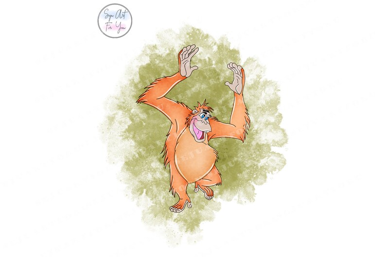 May include: A cartoon orangutan with orange fur, blue eyes, and a wide open mouth, is standing on a green watercolor background. The orangutan is raising its arms in the air.