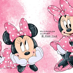 May include: Two watercolor illustrations of Minnie Mouse. One Minnie Mouse is standing with her arms crossed and the other is lying down with her head resting on her hands. Both Minnie Mouse illustrations are wearing pink polka dot dresses and pink bows.