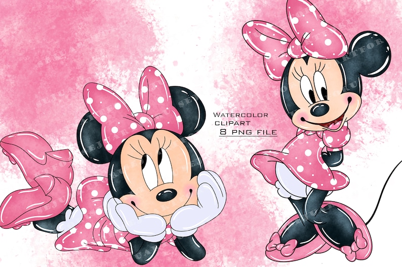 May include: Two watercolor illustrations of Minnie Mouse. One Minnie Mouse is standing with her arms crossed and the other is lying down with her head resting on her hands. Both Minnie Mouse illustrations are wearing pink polka dot dresses and pink bows.