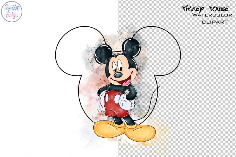 Puede incluir: Ilustraci&oacute;n de acuarela de Mickey Mouse con un atuendo rojo y negro, de pie frente a un fondo de acuarela. Mickey Mouse sonr&iacute;e y tiene las manos en las caderas. El fondo es una lavada de acuarela de color marr&oacute;n claro y rosa.
