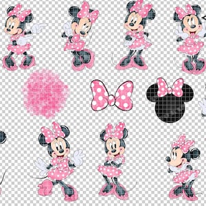 May include: A set of Minnie Mouse watercolour illustrations in different poses, wearing pink polka dot dresses and bows. Includes a pink watercolour splash, a polka dot bow, and a black silhouette of Minnie's head with a bow. The image also includes the text "13 PNG FILES Minnie mouse WATERCOLOR".