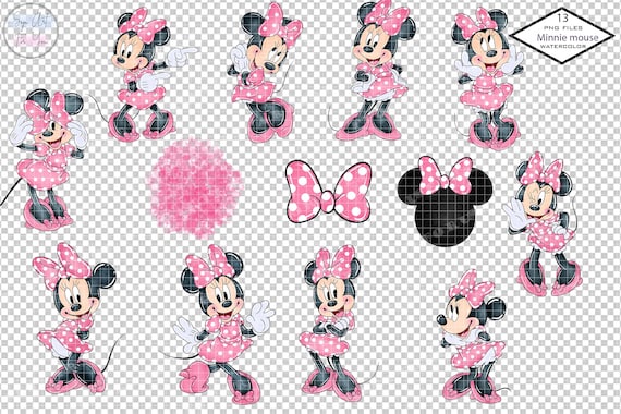 ミニーマウスの水彩画クリップアート：ピンクの水玉模様 PNG（デジタル