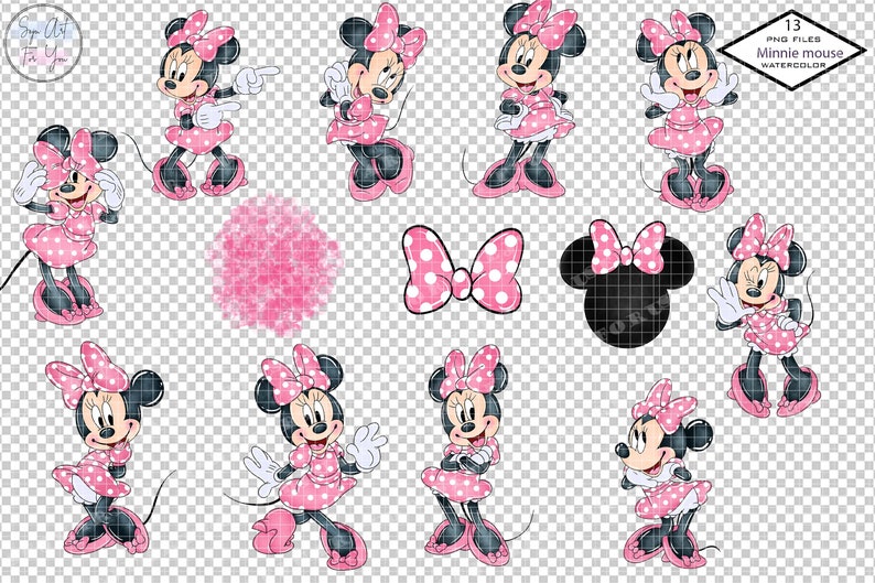 May include: A set of Minnie Mouse watercolour illustrations in different poses, wearing pink polka dot dresses and bows. Includes a pink watercolour splash, a polka dot bow, and a black silhouette of Minnie's head with a bow. The image also includes the text "13 PNG FILES Minnie mouse WATERCOLOR".