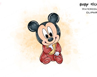 Baby Mickey Aquarell Clipart, Maus PNG (digitaler Download)