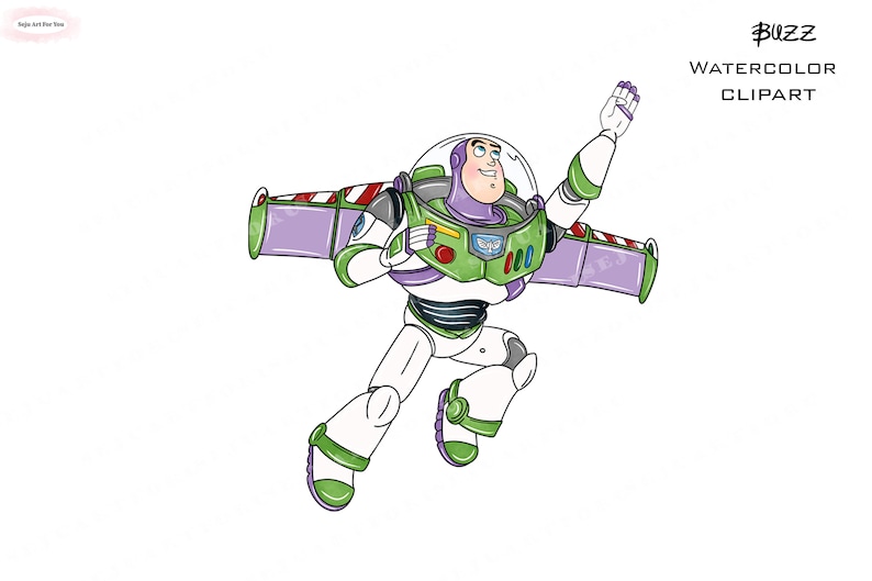 May include: A watercolor illustration of Buzz Lightyear from the Toy Story franchise. He is wearing his signature green and purple space ranger suit and is flying through the air with his arms outstretched. The text "Buzz Watercolor Clipart" is written in the top right corner of the image.