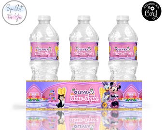Etykiety na butelki z wodą z motywem Minnie Bowtique, przyjęcie urodzinowe (edytowalne, do wydrukowania)