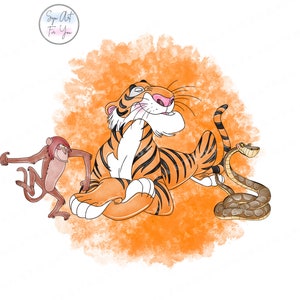 May include: An orange and white tiger with a brown monkey and a brown snake on a watercolor orange background.