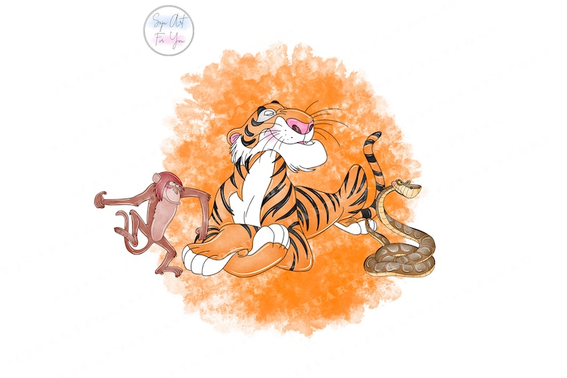 May include: An orange and white tiger with a brown monkey and a brown snake on a watercolor orange background.
