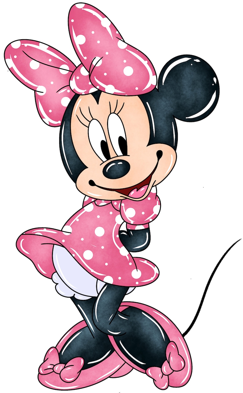 Peut inclure: Une illustration de dessin anim&eacute; de Minnie Mouse portant une robe rose &agrave; pois blancs et un n&oelig;ud rose &agrave; pois blancs. Elle sourit et a la main sur le menton. Elle porte des chaussures roses avec des n&oelig;uds blancs.