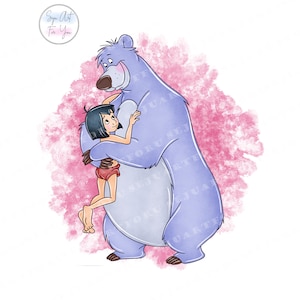 May include: A cartoon illustration of a blue bear hugging a young girl with black hair. The bear is standing on a pink watercolor background.