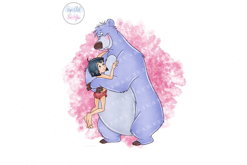 May include: A cartoon illustration of a blue bear hugging a young girl with black hair. The bear is standing on a pink watercolor background.