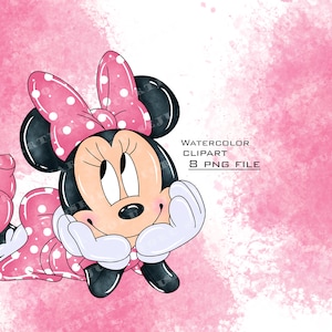 May include: Watercolor clipart of a pink and white polka dot Minnie Mouse with a pink bow. She is lying on her side with her head resting on her hand. The background is a pink watercolor wash.