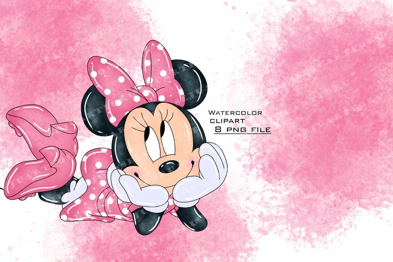 May include: Watercolor clipart of a pink and white polka dot Minnie Mouse with a pink bow. She is lying on her side with her head resting on her hand. The background is a pink watercolor wash.