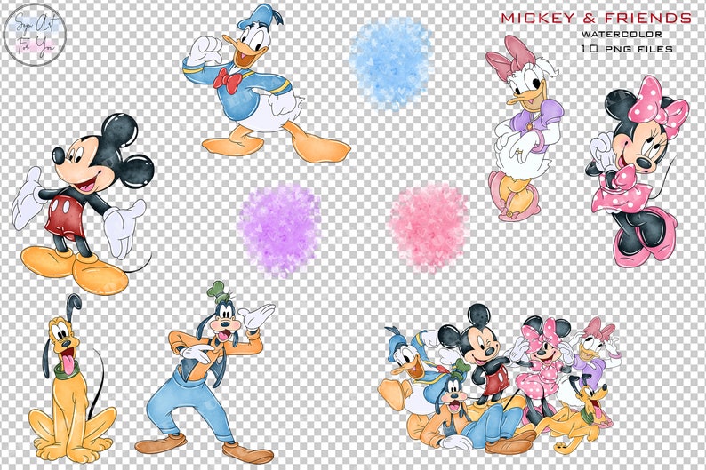 Puede incluir: Ilustraciones de acuarela de Mickey Mouse, Minnie Mouse, Donald Duck, Daisy Duck, Goofy, Pluto y un grupo de todos ellos juntos. Mickey & Friends Acuarela 10 archivos PNG.