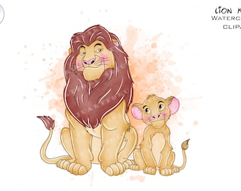 May include: Watercolor illustration of a lion and a lion cub. The lion has a brown mane and is sitting with its paws crossed. The lion cub is sitting next to the lion and has pink ears. The background is a light orange watercolor wash.