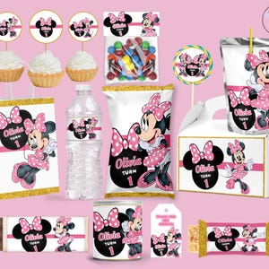 pink Minnie Mouse birthday party favors bundle, girl minnie birthday party labels party package supplies party kit party decor pintables