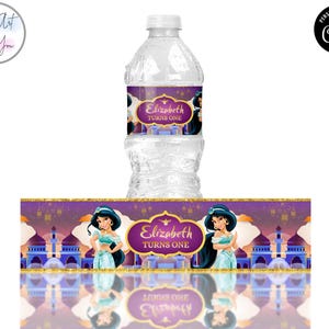 princess jasmine birthday water bottle labels Birthday bottle labels template bottle labels wrappers party favors Editable printable S011