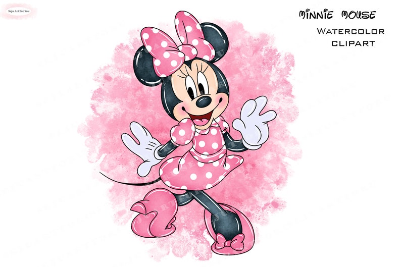 May include: Watercolor illustration of Minnie Mouse wearing a pink polka dot dress and shoes, with a large pink bow in her hair. She is walking and smiling, with a pink watercolor background.