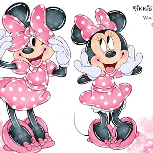 May include: Watercolor clipart of Minnie Mouse in two poses. Both figures wear a pink dress with white polka dots, a matching bow, and shoes. The text "Minnie Mouse Watercolor Clipart" is in the upper right corner.