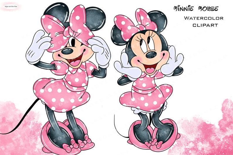 May include: Watercolor clipart of Minnie Mouse in two poses. Both figures wear a pink dress with white polka dots, a matching bow, and shoes. The text "Minnie Mouse Watercolor Clipart" is in the upper right corner.