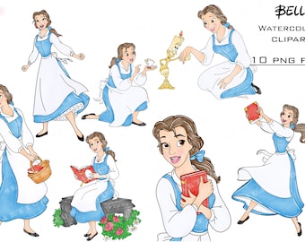 May include: A digital illustration of Belle from Beauty and the Beast in 10 different poses. Belle is wearing a blue dress with a white apron and has brown hair. The illustrations are in a watercolor style.
