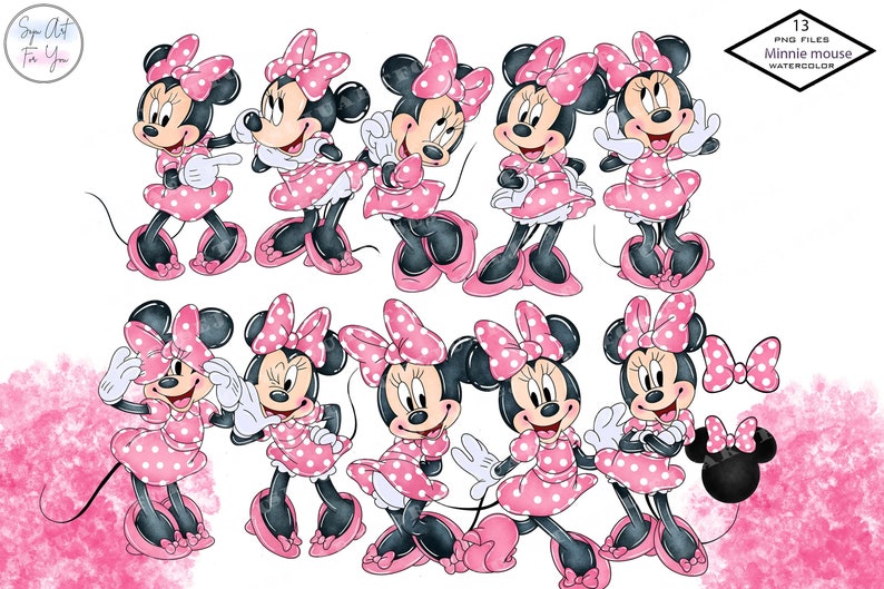 May include: A collection of watercolour illustrations featuring Minnie Mouse in different poses. Minnie is depicted wearing a pink polka dot dress, a matching bow, and pink shoes. The image includes the text "Minnie mouse watercolor" and "13 PNG files".