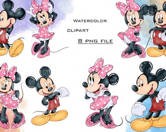 Puede incluir: Ocho ilustraciones de acuarela de Mickey Mouse y Minnie Mouse en varias poses. Mickey Mouse lleva pantalones cortos rojos y zapatos amarillos. Minnie Mouse lleva un vestido rosa de lunares y zapatos rosas. Las ilustraciones están sobre un fondo de acuarela.