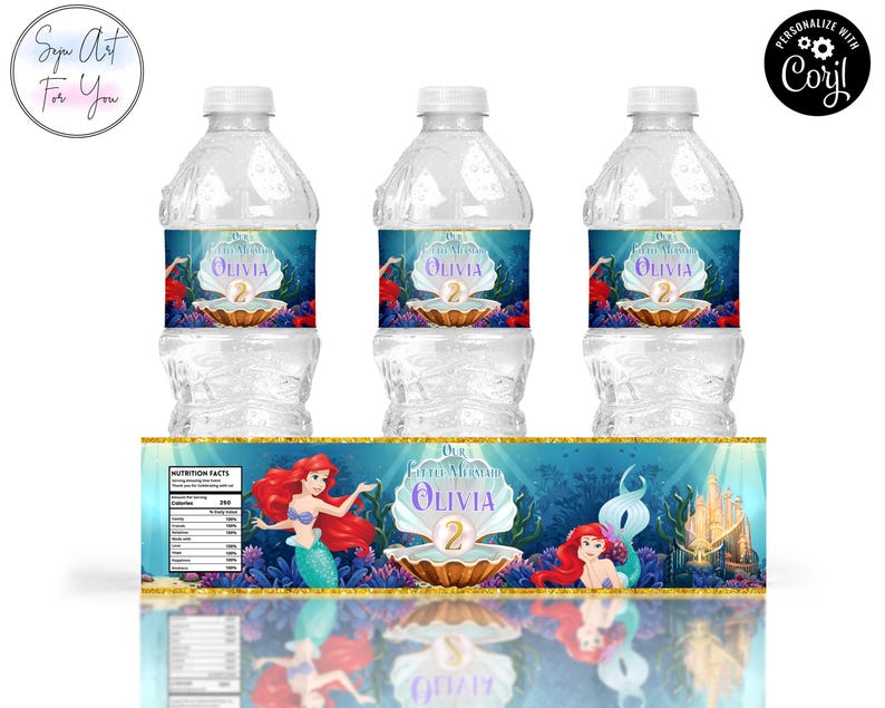 May include: Three clear water bottles with custom labels featuring a mermaid theme. The labels include the name "Olivia" and the number "2" in a seashell design. The bottom of the image shows a matching decorative wrap.