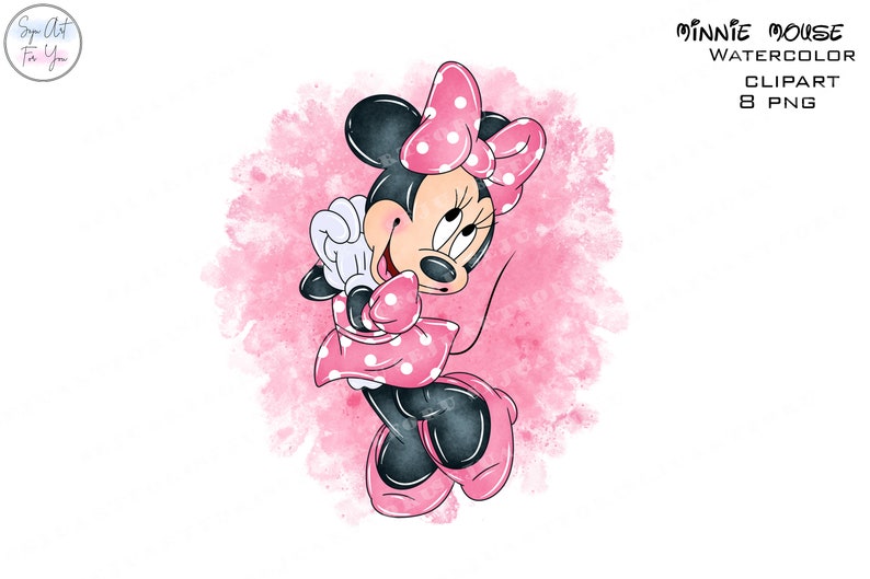 Op de afbeelding: Waterverfillustratie van Minnie Mouse in een roze jurk met stippen en een strik. De afbeelding bevat de tekst "Minnie Mouse Watercolor Clipart 8 PNG" op een witte achtergrond met een roze aquarelspat.