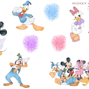 Puede incluir: Ilustraciones de acuarela de Mickey Mouse, Minnie Mouse, Donald Duck, Daisy Duck, Goofy y Pluto. Los personajes est&aacute;n en varias poses y est&aacute;n rodeados de puntos de acuarela coloridos. El texto "MICKEY & FRIENDS WATERCOLOR 10 PNG FILES" est&aacute; en la parte superior de la imagen.