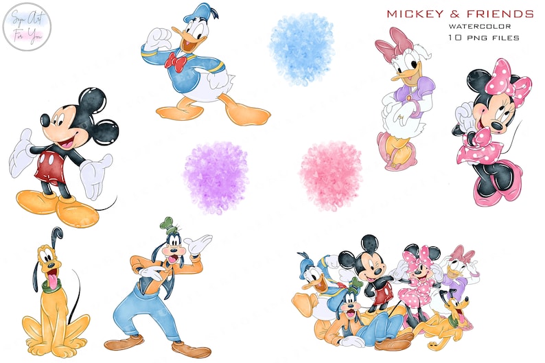 Puede incluir: Ilustraciones de acuarela de Mickey Mouse, Minnie Mouse, Donald Duck, Daisy Duck, Goofy y Pluto. Los personajes est&aacute;n en varias poses y est&aacute;n rodeados de puntos de acuarela coloridos. El texto "MICKEY & FRIENDS WATERCOLOR 10 PNG FILES" est&aacute; en la parte superior de la imagen.