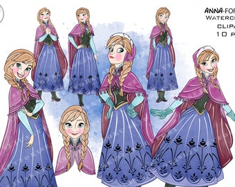 Anna aquarel clipart, prinses png-bundel (digitale download)
