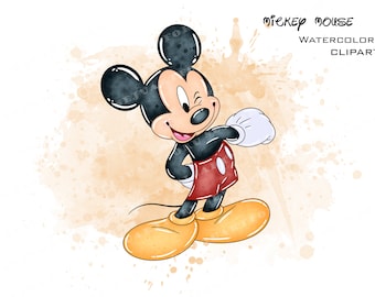Mickey Mouse Watercolor Clipart, Cartoon Mouse PNG (Digital Download)