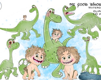 May include: A set of 10 digital clipart images featuring watercolor illustrations of the characters from the movie The Good Dinosaur. The images include a green dinosaur, a young boy, and a rock. The images are perfect for creating crafts, scrapbooking, and other creative projects.