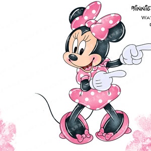 May include: A watercolour illustration of Minnie Mouse, wearing a pink polka dot dress and bow. The cartoon mouse is black with a pink nose and is pointing with both hands. Text reads "MINNIE MOUSE WATERCOLOR CLIPART".
