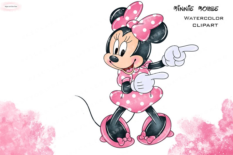 May include: A watercolour illustration of Minnie Mouse, wearing a pink polka dot dress and bow. The cartoon mouse is black with a pink nose and is pointing with both hands. Text reads "MINNIE MOUSE WATERCOLOR CLIPART".