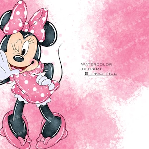 May include: A cartoon illustration of Minnie Mouse wearing a pink polka dot dress and a pink bow with white polka dots. She is winking and holding her hand up in a wave. The background is a pink watercolor wash.