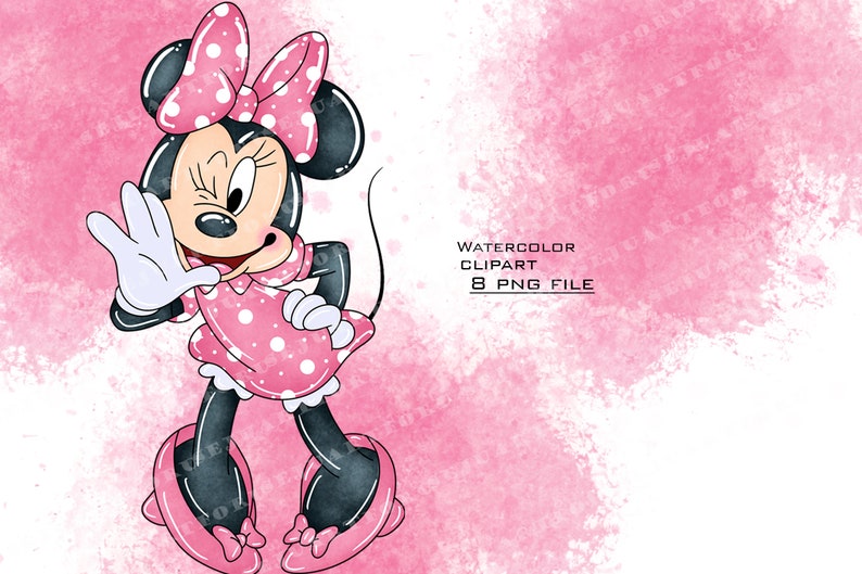 May include: A cartoon illustration of Minnie Mouse wearing a pink polka dot dress and a pink bow with white polka dots. She is winking and holding her hand up in a wave. The background is a pink watercolor wash.