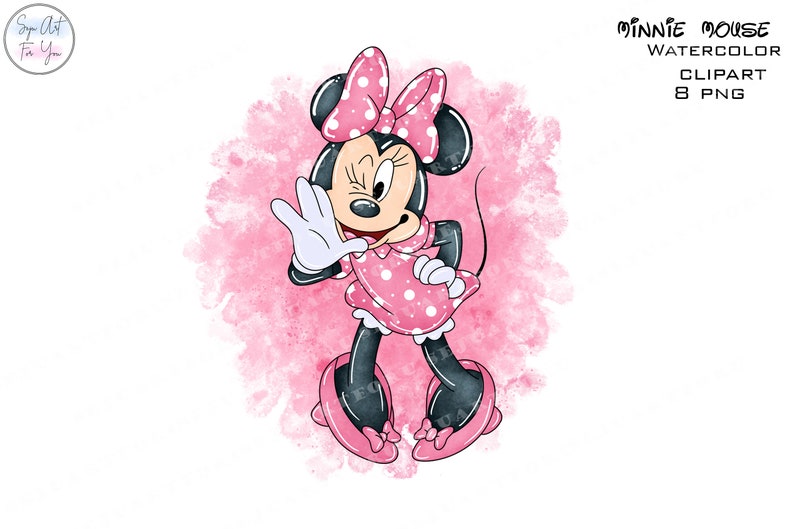 Op de afbeelding: Waterverfillustratie van Minnie Mouse in een roze jurk met stippen en een strik. Ze knipoogt en zwaait met haar witte handschoen. De achtergrond is een roze aquarel. Tekst: "Minnie Mouse Watercolor Clipart 8 PNG".