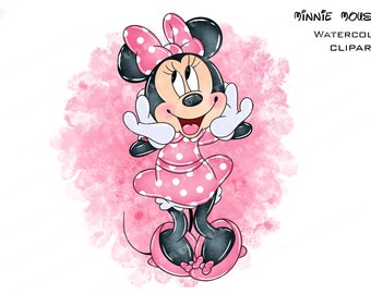 Minnie Mouse Watercolor Clipart, Pink Mouse PNG (Digital Download)