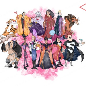 Puede incluir: Ilustración de acuarela de 15 villanos de Disney, incluyendo a Úrsula, Maléfica, Cruella de Vil, el Capitán Garfio y Scar. Los villanos están representados en un estilo colorido y caprichoso, con un fondo de acuarela rosa.