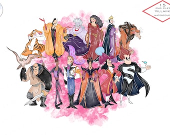 Villain Watercolor Clipart: Ursula, Hook, Cruella (PNG Files, Digital Download)
