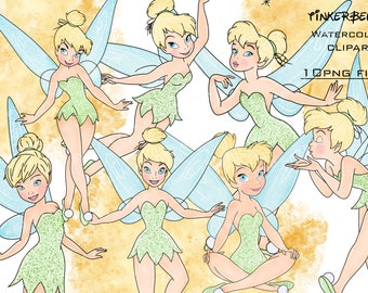 May include: Watercolor clipart featuring multiple illustrations of a fairy with blonde hair, blue eyes, and green attire. The fairy has light blue wings and is in various poses. The text "PINKER BELL WATERCOLOR CLIPART 10 PNG FILE" is visible.