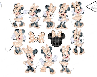 Puede incluir: Un conjunto de 13 ilustraciones digitales de acuarela de Minnie Mouse en varias poses. Minnie lleva un vestido beige con lunares blancos y un lazo rojo. Las ilustraciones son perfectas para proyectos de manualidades, scrapbooking y diseño digital.