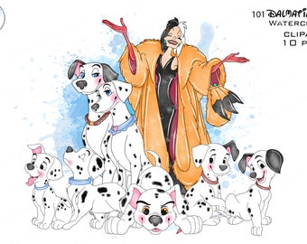 May include: A watercolor illustration of Cruella De Vil from the Disney movie 101 Dalmatians. She is wearing a long orange fur coat and a black dress. She is surrounded by Dalmatian puppies. The image has a blue watercolor background.